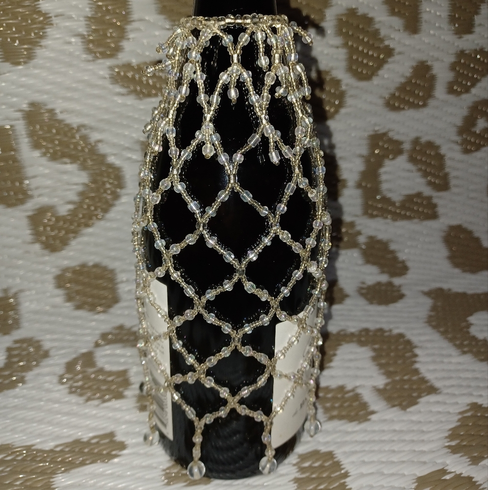 Beaded Net Bottle Cover - Clear/Irredecent Accent